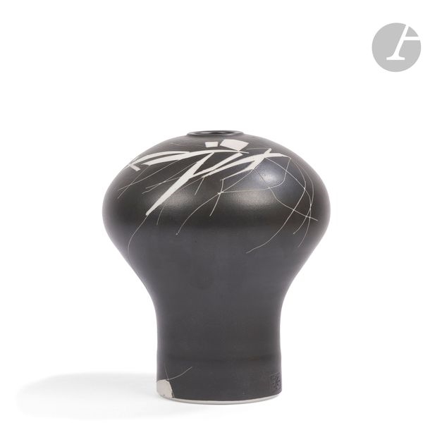 Artwork by Robert Deblander, Abstract composition Obovoid vase; the neck is small and annular, Made of black enameled porcelain