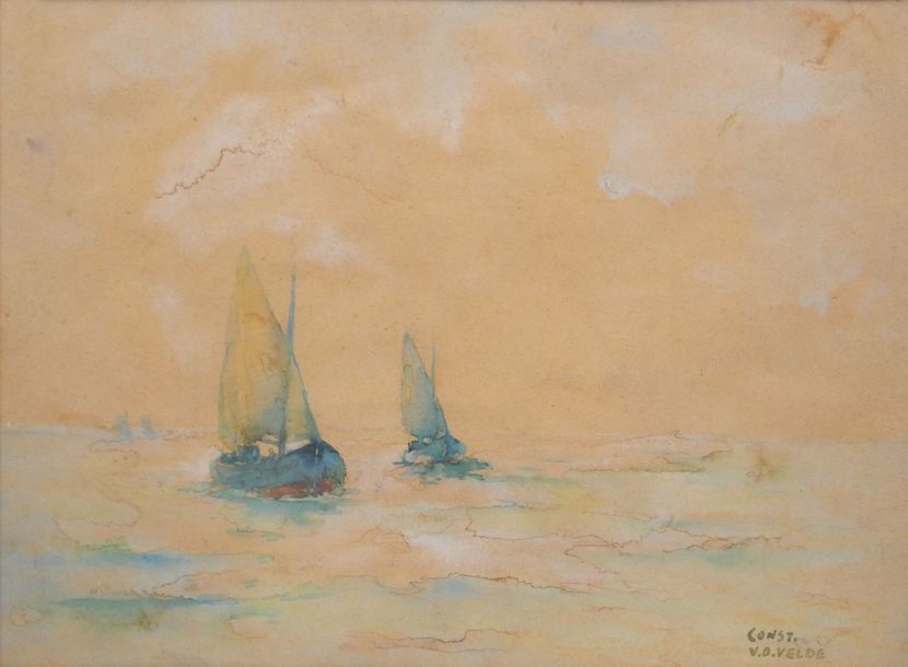 Artwork by Constant van der Velde, Sailing boats, Made of Watercolor
