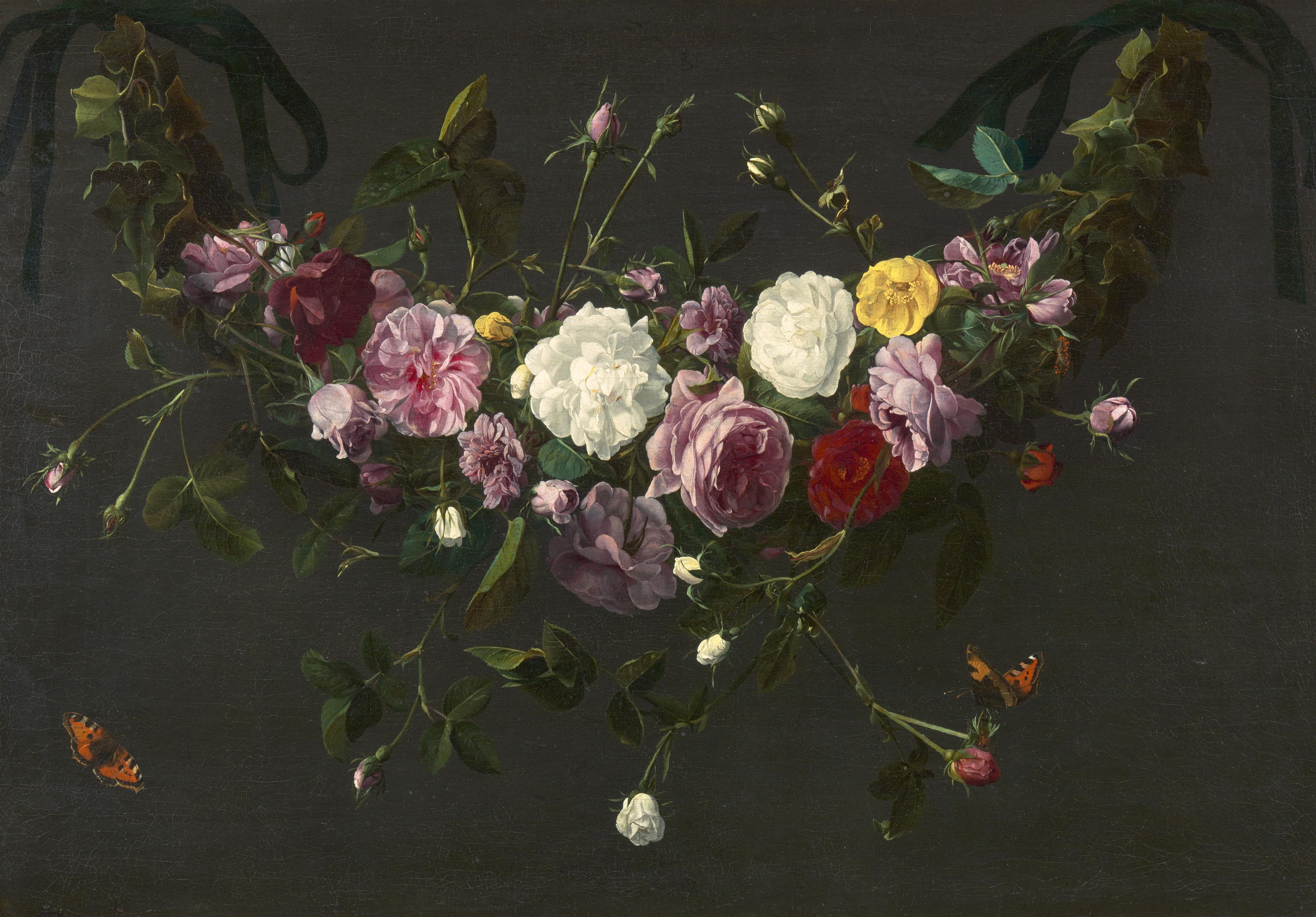 Artwork by Daniel Seghers, A Garland of Roses and Ivy Hanging from Green Ribbons and a Butterfly, Made of oil on canvas (relined