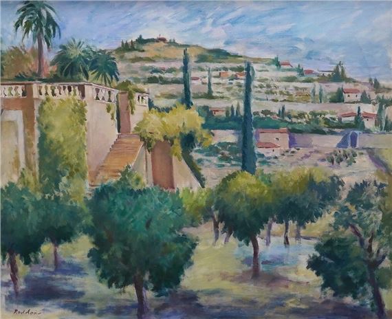 Mediterranean landscape with trees and villas by Guy Roddon