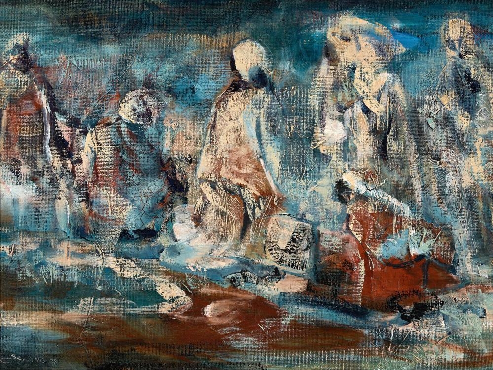 Artwork by Fernando Solano, Women by the Stream, Made of oil on board