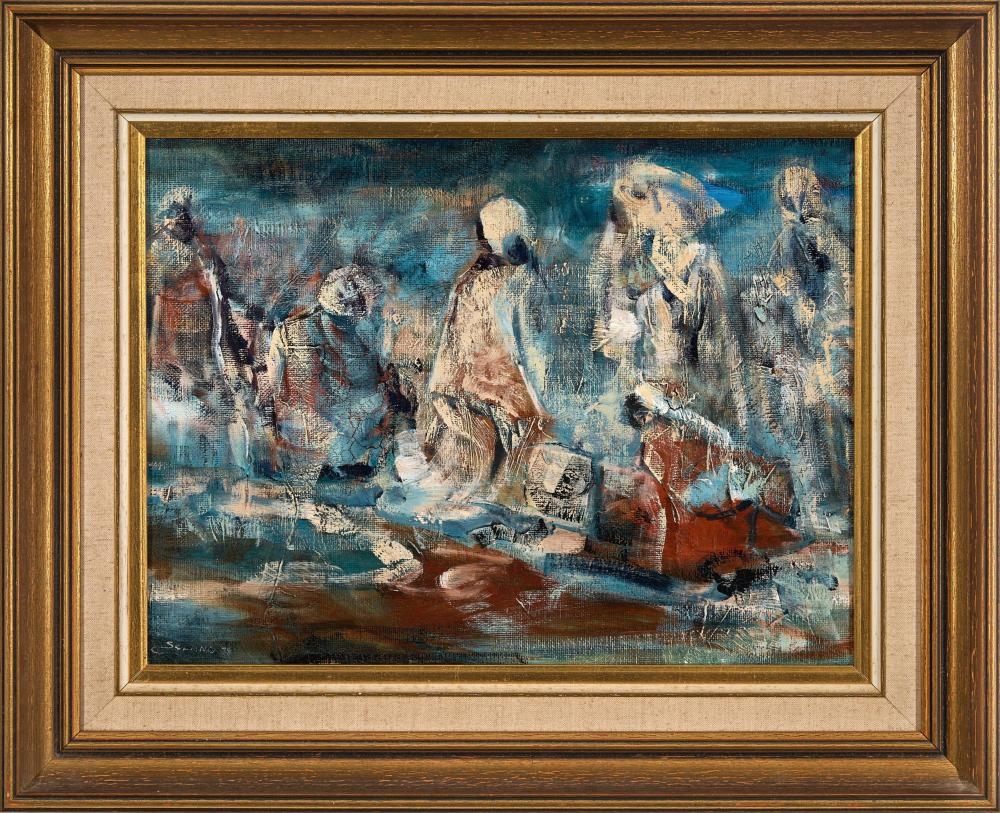Artwork by Fernando Solano, Women by the Stream, Made of oil on board