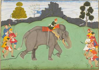 A prince mounted on an elephant, accompanied by soldiers on foot - Mughal School, 17th Century