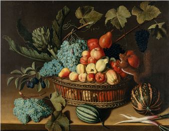Still life with artichokes and fruit, next to a squirrel - Abraham Gibbens