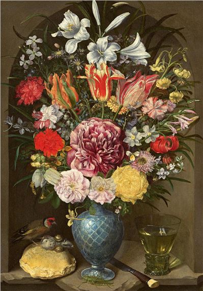 Splendid Floral Still Life with Goldfinch and Grasshopper by Georg Flegel, 1638