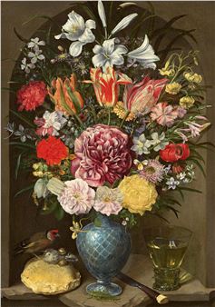 Splendid Floral Still Life with Goldfinch and Grasshopper - Georg Flegel