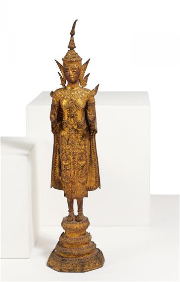 STANDING BRONZE BUDDAH IN ABHAYA MUDRA ON STEPPED BASE by Thai School, 19th Century, 19th c.