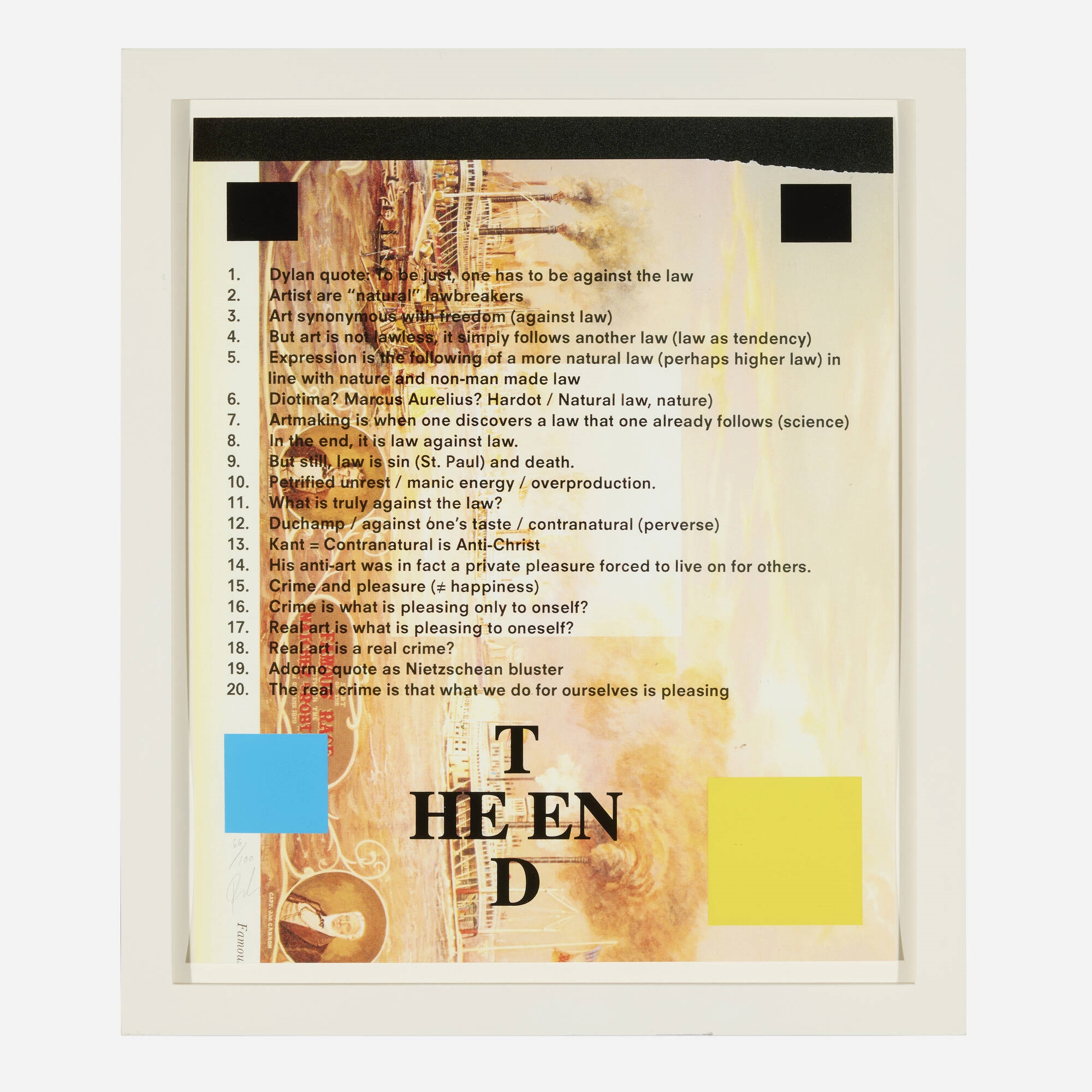 Artwork by Paul Chan, Wht is the nture of lw (from the Artists Space Annual Edition Portfolio 2012), Made of inkjet print with screenprint in colors