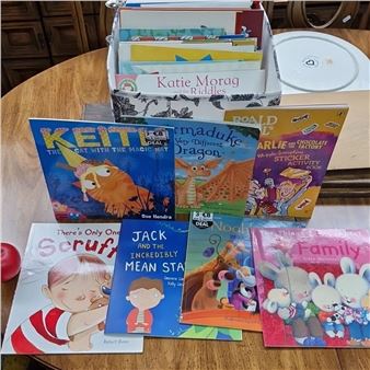 Collection of books including titles like "The President's es" by Peter Donnelly, and "Charlie and the Chocolate Factory" activity book - Peter Donnelly