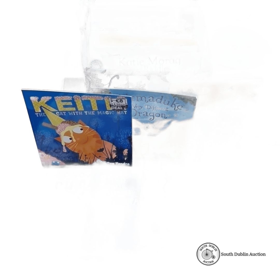 Artwork by Peter Donnelly, Collection of books including titles like "The President's es" by Peter Donnelly, and "Charlie and the Chocolate Factory" activity book, Made of Glass