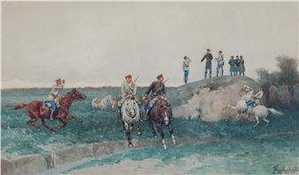 Military Exercises watercolor and gouache on paper 15 x 26 cm (5 7/8 x 10 1/4 in.) [sight] framed dimensions: 44 x 54.5 cm (17 1/4 x 21 1/2 in.) signed lower right N.B. Condition reports are available upon request. All lots are sold in as-is condition at the time of sale. Please note that any condition statement regarding works of art is given as a courtesy to our clients in order to assist them in assessing the condition. The report is a genuine opinion held by Shapiro Auctions and should not b - Ivan Pranishnikoff