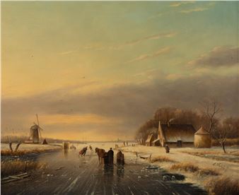 Village Scene with Ice Skaters and Windmill oil on board 56 cm x 70 cm (22 x 27 1/2 in.) framed dimensions: 77 x 90.5 cm (30 1/4 x 35 5/8 in.) signed lower right N.B. Condition reports are available upon request. All lots are sold in as-is condition at the time of sale. Please note that any condition statement regarding works of art is given as a courtesy to our clients in order to assist them in assessing the condition. The report is a genuine opinion held by Shapiro Auctions and should not be  - L. Vrolyk