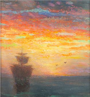 A silhouette of a sailing ship stands against a vibrant, textured sunset sky over calm waters.