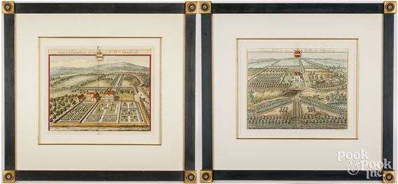 Pair of hand colored engravings of English estates by Johannes Kip, circa 1712