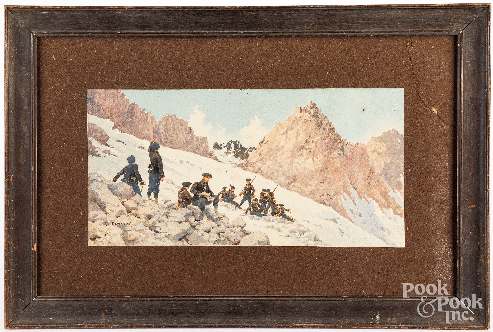 Artwork by L. Rambaud, French watercolor of soldiers on a mountainside, Made of watercolor