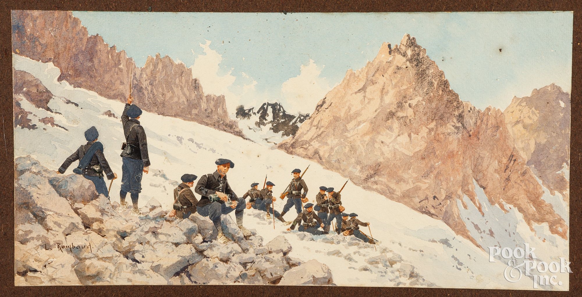 Artwork by L. Rambaud, French watercolor of soldiers on a mountainside, Made of watercolor