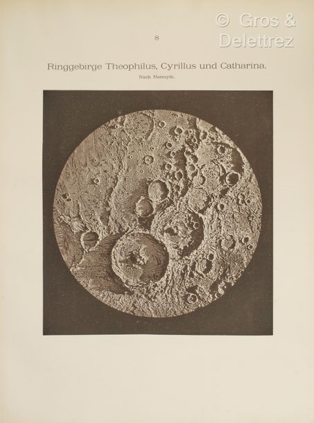 Artwork by Julius Grimm, [Celestial Atlas]. VALENTINER (Wilhelm). Atlas des Sonnensystems. Lahr, Moritz Schauenburg, 1884. In-folio, [2]-19 p., 25 plates, publisher's blue half cloth binding with corners, smooth spine, printed boards (binding worn)., Made of printed board