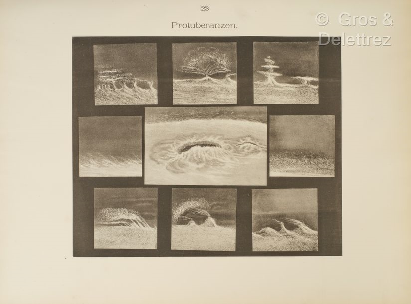 Artwork by Julius Grimm, [Celestial Atlas]. VALENTINER (Wilhelm). Atlas des Sonnensystems. Lahr, Moritz Schauenburg, 1884. In-folio, [2]-19 p., 25 plates, publisher's blue half cloth binding with corners, smooth spine, printed boards (binding worn)., Made of printed board