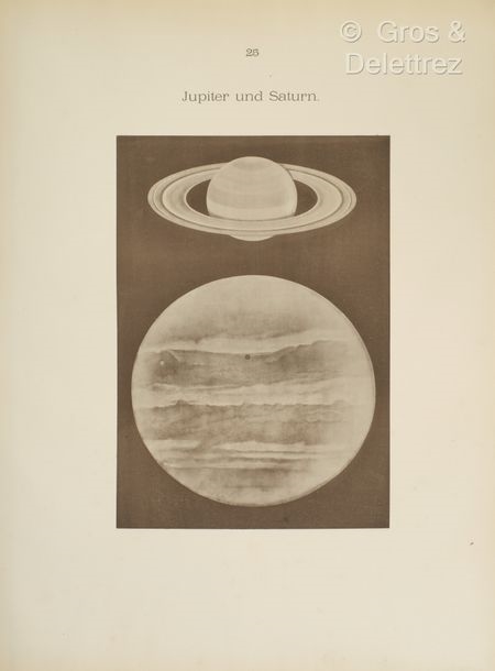 Artwork by Julius Grimm, [Celestial Atlas]. VALENTINER (Wilhelm). Atlas des Sonnensystems. Lahr, Moritz Schauenburg, 1884. In-folio, [2]-19 p., 25 plates, publisher's blue half cloth binding with corners, smooth spine, printed boards (binding worn)., Made of printed board