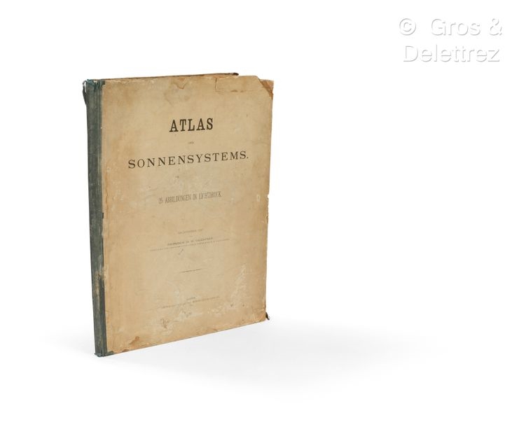 Artwork by Julius Grimm, [Celestial Atlas]. VALENTINER (Wilhelm). Atlas des Sonnensystems. Lahr, Moritz Schauenburg, 1884. In-folio, [2]-19 p., 25 plates, publisher's blue half cloth binding with corners, smooth spine, printed boards (binding worn)., Made of printed board