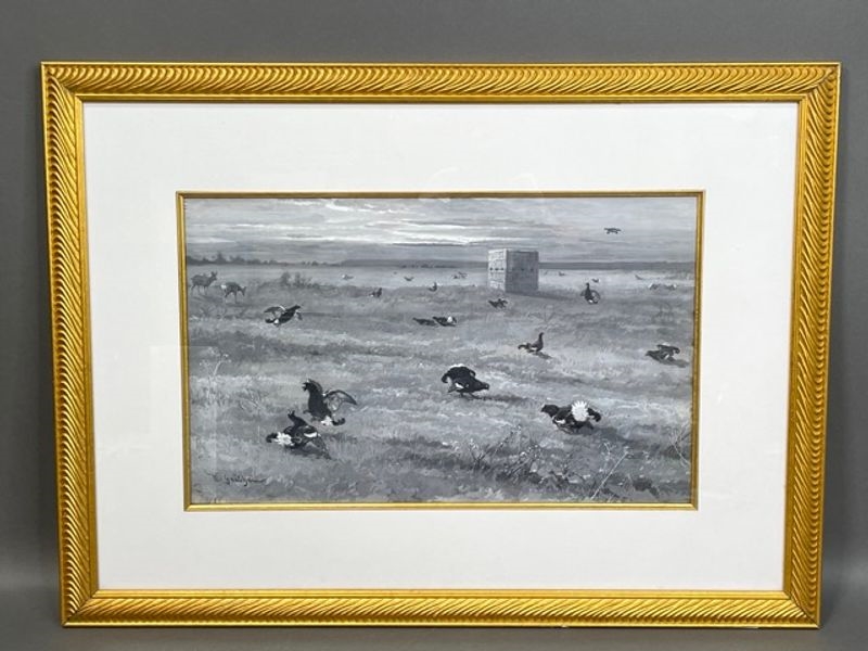 Artwork by Wilhelm Gräbhein, Wilhelm Grabhein. Gouache Painting. Grouse In Moorland in Landscape