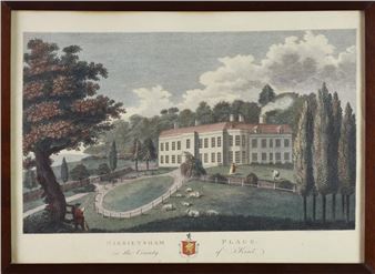 A framed engraving of a grand estate with a large house, expansive grounds, and a seated figure in the foreground.
