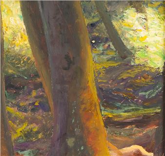 A vibrant impressionist painting of a forest scene with thick tree trunks and dappled sunlight.