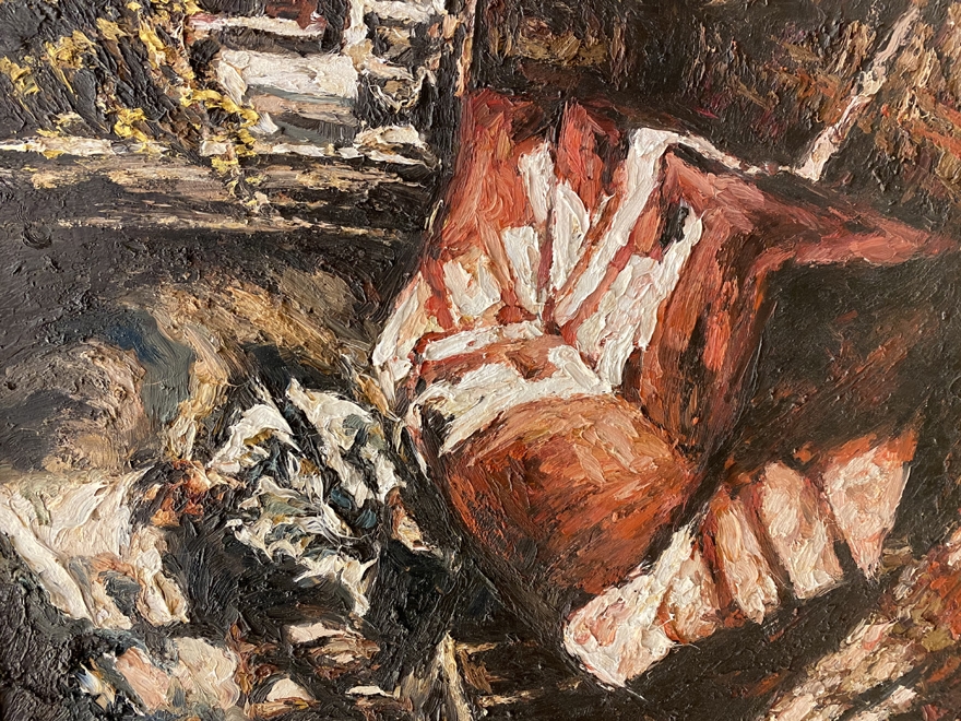 Artwork by Raffaele Minotto, Interno con figura, Made of olio su tavola