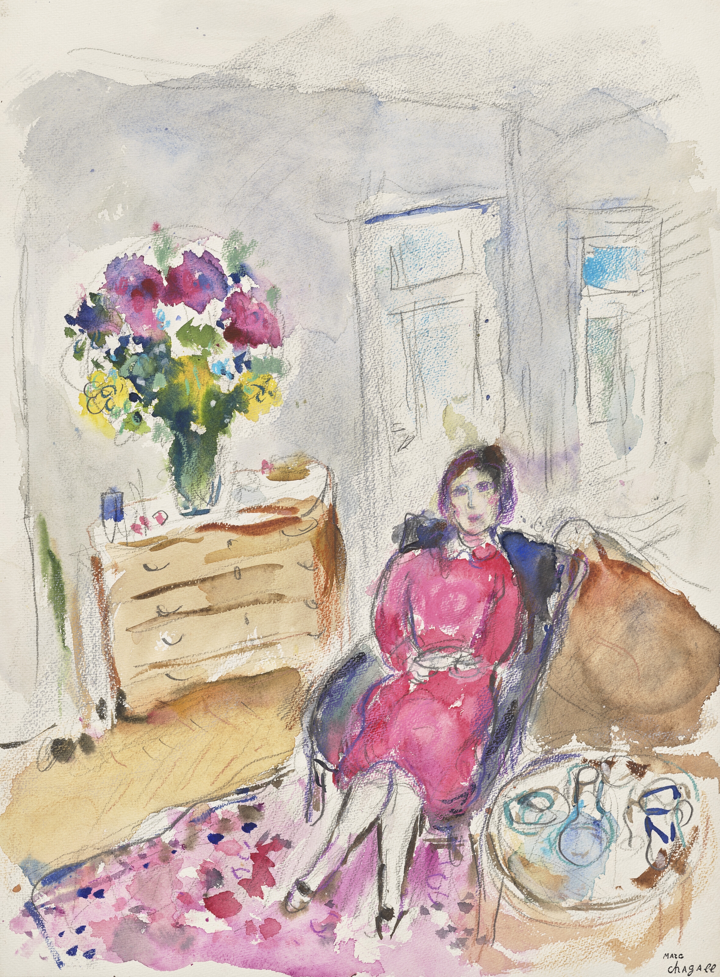 Artwork by Marc Chagall, La femme en rose à Sils, Made of gouache, ink wash, Indian ink and pastel on paper