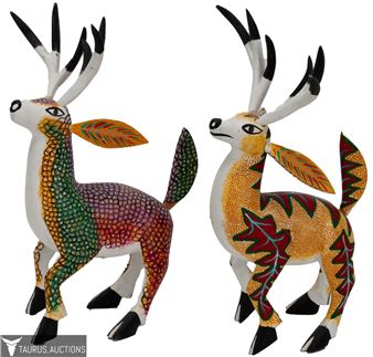 Alebrije Oaxacan Carved Deer Pair, Signed Fuentes - Alejandro Fuentes