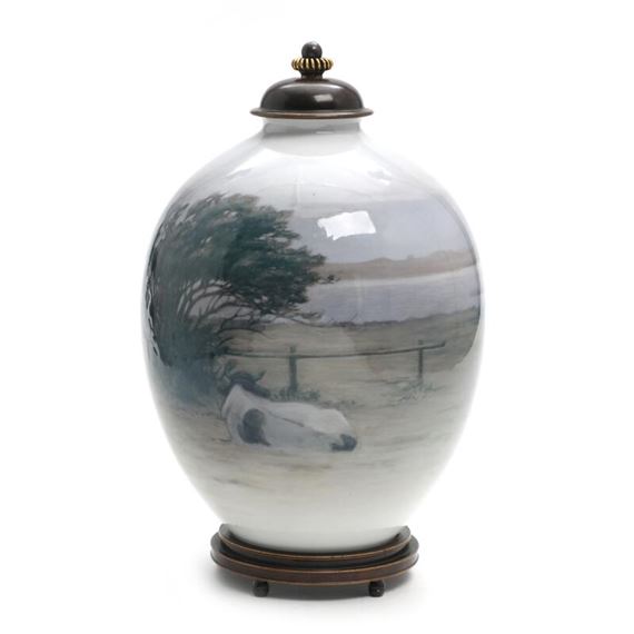 A Royal Copenhagen porcelain vase decorated in underglaze colours with matching bronze base and lid - Knud Andersen