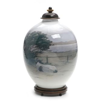 A Royal Copenhagen porcelain vase decorated in underglaze colours with matching bronze base and lid - Gotfred Rode