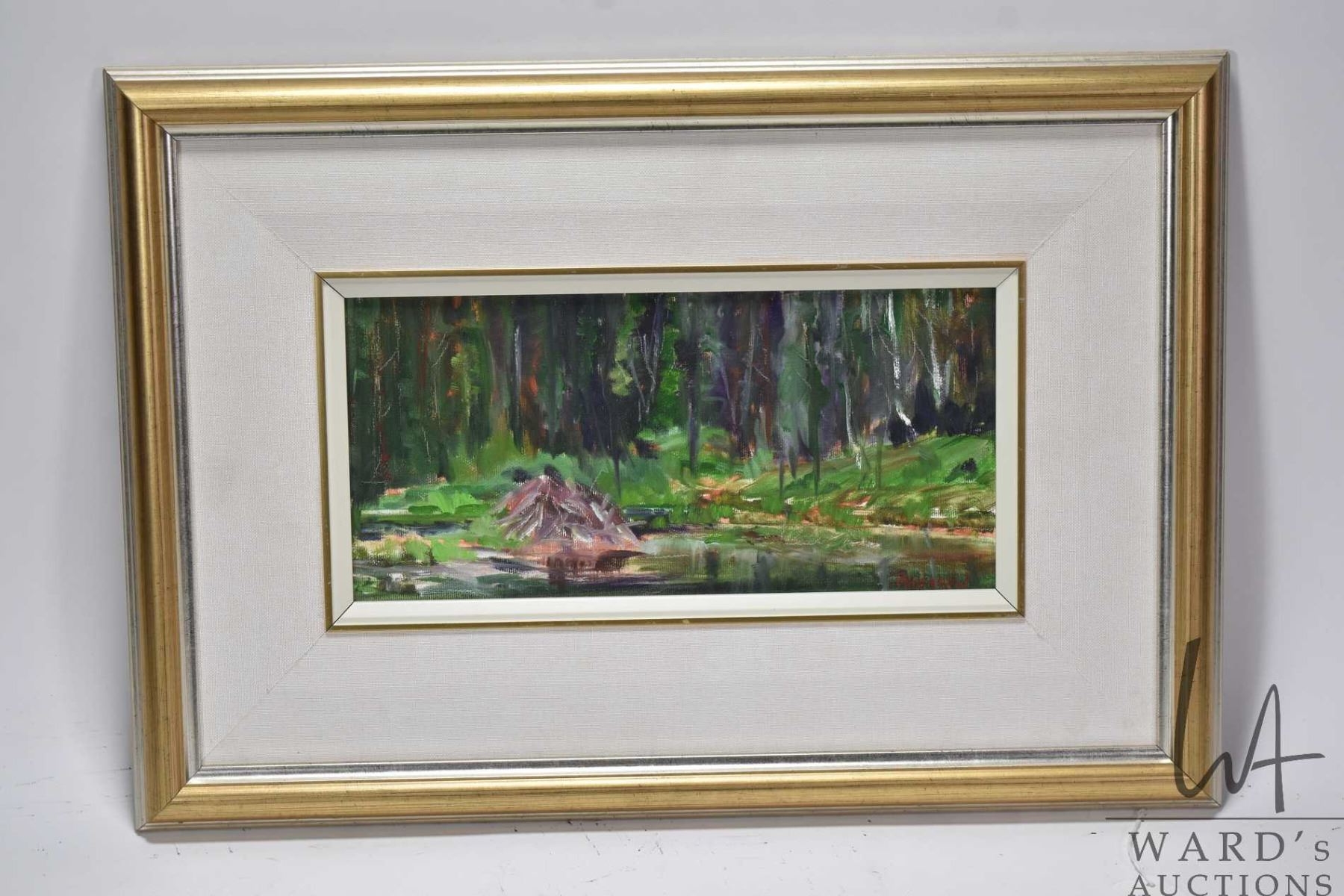 Artwork by Karen A. Pederson, A wooden creek scene with beaver dam, Made of acrylic on canvas painting