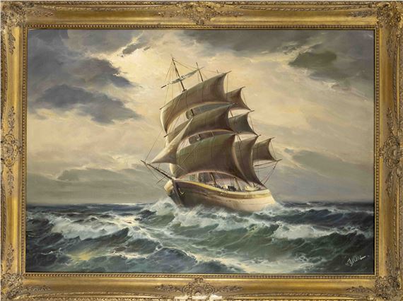 Zweimaster unter vollen Segeln auf stürmischer See by Endre von Derera