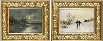 zwei kleine Landschaften: Fischer bei Vollmond und Marktgänger in Winterlandschaft bei Sonnenaufgang - H. Martens