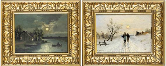 zwei kleine Landschaften: Fischer bei Vollmond und Marktgänger in Winterlandschaft bei Sonnenaufgang - H. Martens