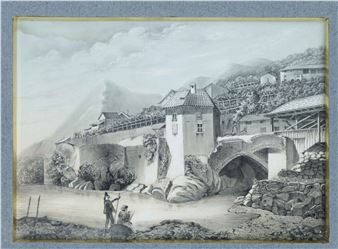 Bleistiftzeichnung einer idyllischen Landschaft mit befestigter Stadt - Heinrich Mützel