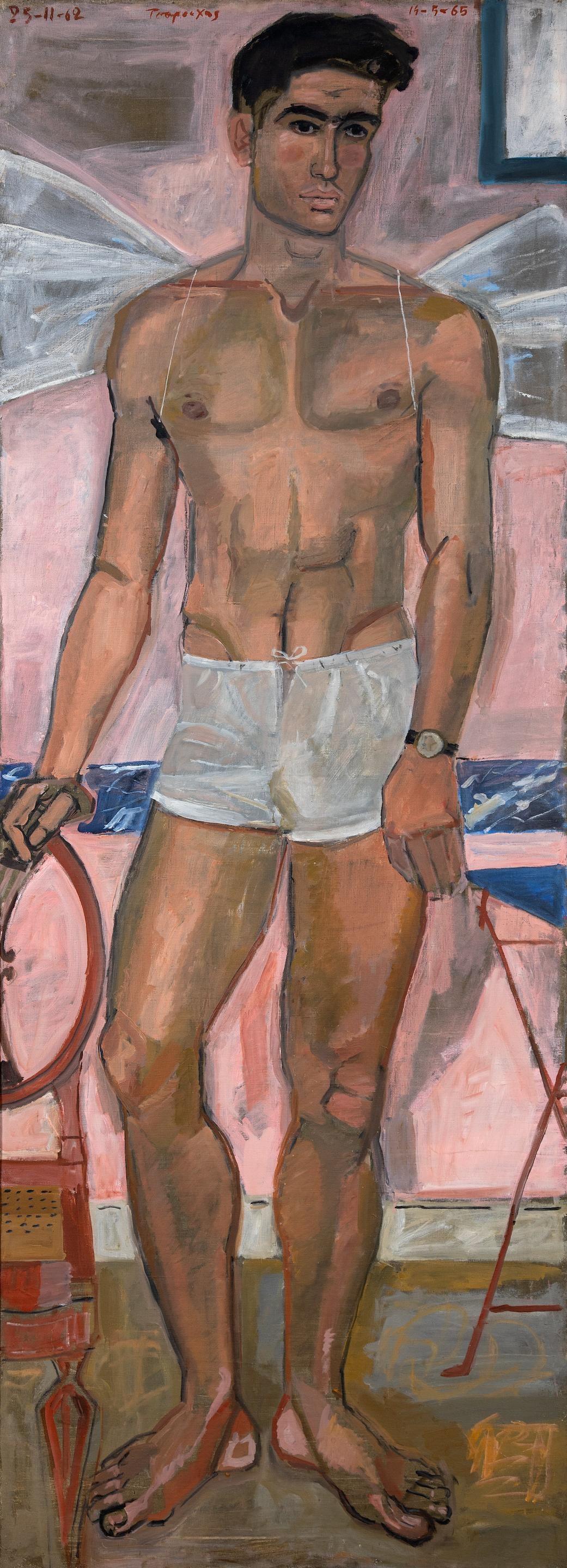 Artwork by Yannis Tsarouchis, Jeune homme posant comme Eros avec une chaise anglaise, Made of oil on canvas