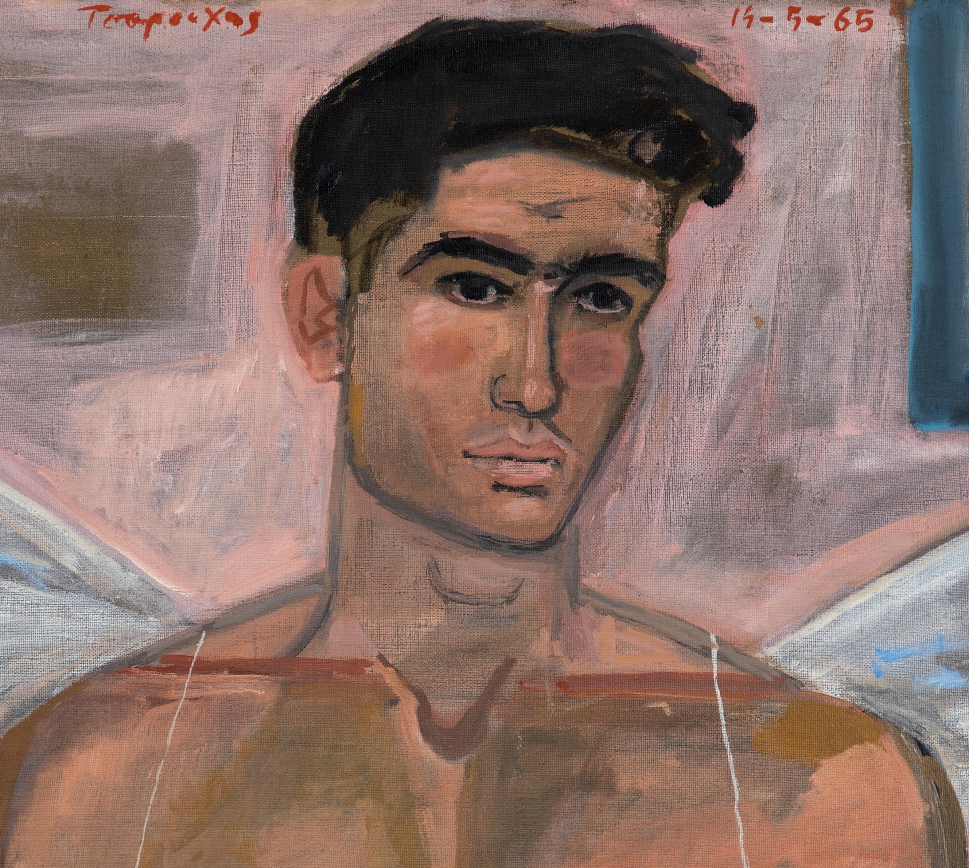 Artwork by Yannis Tsarouchis, Jeune homme posant comme Eros avec une chaise anglaise, Made of oil on canvas