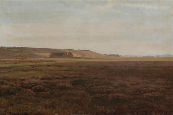 Heath landscape with a view towards a farm by Harald Frederik Foss