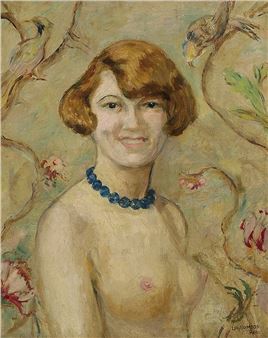 Akt mit Perlenkette Öl/Leinwand 61 x 50 cm signiert Lilly Gombos Paris SCHÄTZPREIS / ESTIMATE °€ 400 - 800 STARTPREIS / STARTING PRICE °€ 400 LILLY GOMBOS SZÉKELY (Újpest 1897 - unknown) Nude with pearl necklace oil/canvas 61 x 50 cm signed Lilly Gombos Paris Lilly (Lili - Lilly Gombos Székely