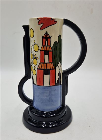 LORNA BAILEY Large 24 cm TWIN HANDLED VASE IN THE PAGODA GARDEN (Colourway) DESIGN Signed By Lorna Bailey (Early Piece by Lorna Bailey