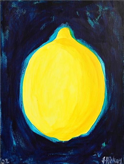 A bright yellow lemon-like fruit glows against a dark blue textured background.