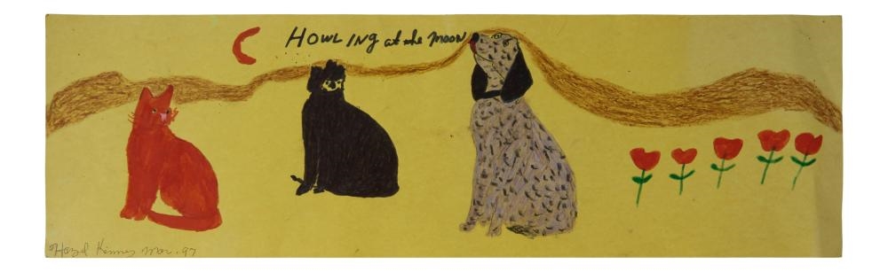 Artwork by Hazel Kinney, "Howling at the Moon, Made of marker and crayon on paper