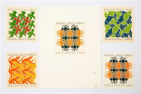 I. 'Earth, New Year's greeting-card 1953' (2); II. 'Air, New Year's greeting-card 1954'; III. 'Fire, New Year's greeting-card 1955'; IV. 'Water, New Year's greeting-card 1956