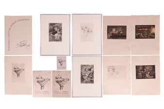 A collection of framed and unframed etchings featuring figures in dynamic poses against neutral backgrounds.