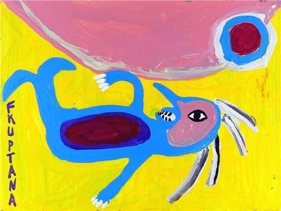An original acrylic on canvas depicting a blue mythical sea creature in a yellow by Floyd Kuptana