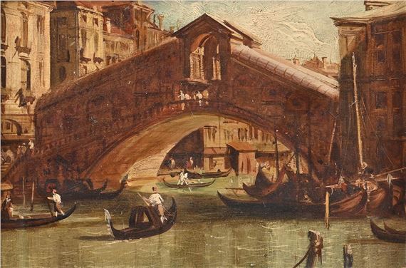 A historical waterway scene featuring a large arched bridge over a canal bustling with gondolas and figures.