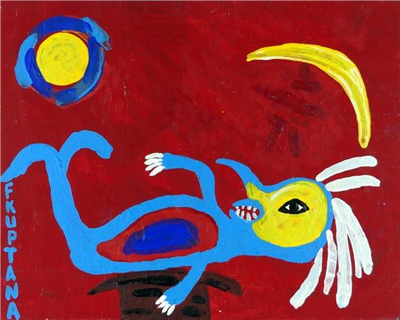 An original acrylic on canvas depicting a blue by Floyd Kuptana