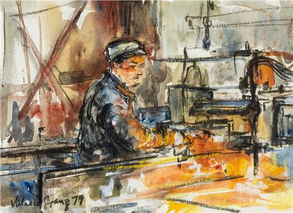 A watercolor portrait of a worker in a cap, seated at a machine with bold, expressive brushwork.
